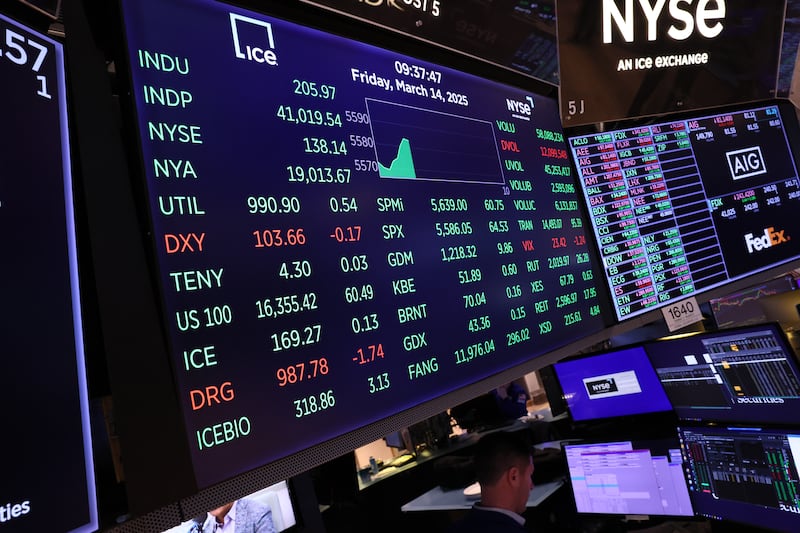 Stock market numbers are displayed at the New York Stock Exchange during morning trading on Friday. Photograph: Michael M Santiago/Getty Images