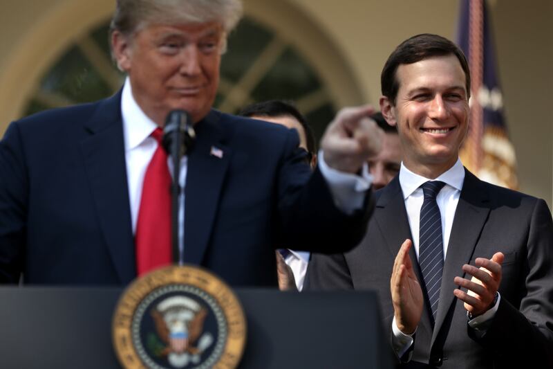 Senior adviser to the president (and his son-in-law) Jared Kushner with then US president Donald Trump at a press conference outside the White House in October 2018. Photograph: Chip Somodevilla/Getty 