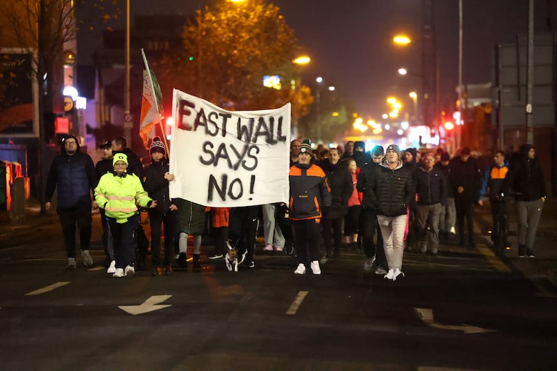 East Wall protests over the accommodation of asylum seekers in the area. Photograph: Dara Mac Dónaill