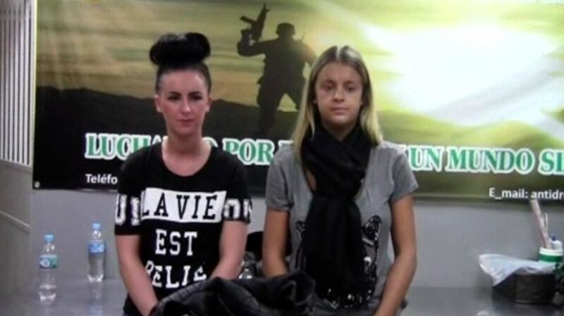 Michaella McCollum  and British woman Melissa Reid  being questioned by police in Lima in 2013. Photograph: Police handout video via Reuters