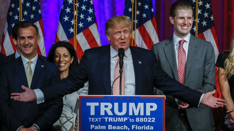 US presidential candidate Donald Trump  speaks at an election campaign event inside a ballroom of the Mar A Lago Club in Palm Beach, Florida. Photograph: Erik S Lesser/EPA.