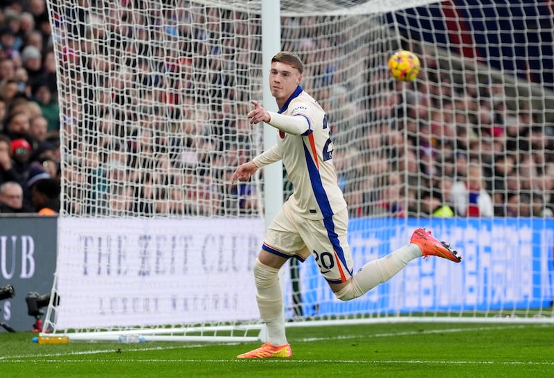 Cole Palmer celebrates scoring for Chelsea against Crystal Palace at Selhurst Park. Photograph: Bradley Collyer/PA