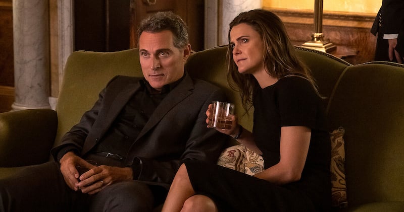 Rufus Sewell and Keri Russell  in The Diplomat. Photograph: Alex Bailey/Netflix
