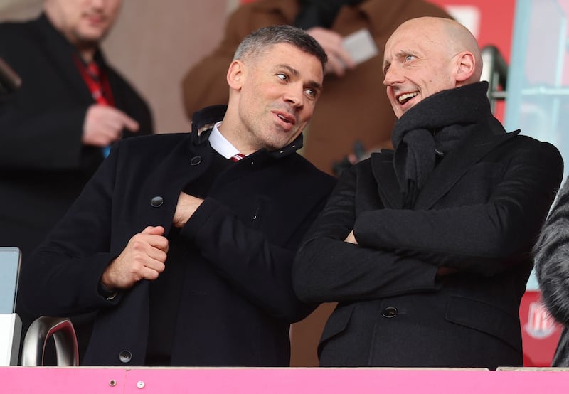 Jonathan Walters technical director of Stoke City with the club's joint-chairman John Coates. The club are looking for another new manager. Photograph: Nathan Stirk/Getty Images