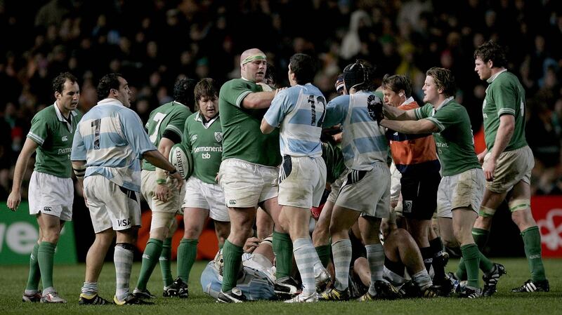 John Hayes tussles with Manuel Contepomi of Argentina during the November international of 2004 which sparked six accusations of eye-gouging. Photograph: Morgan Treacynpho