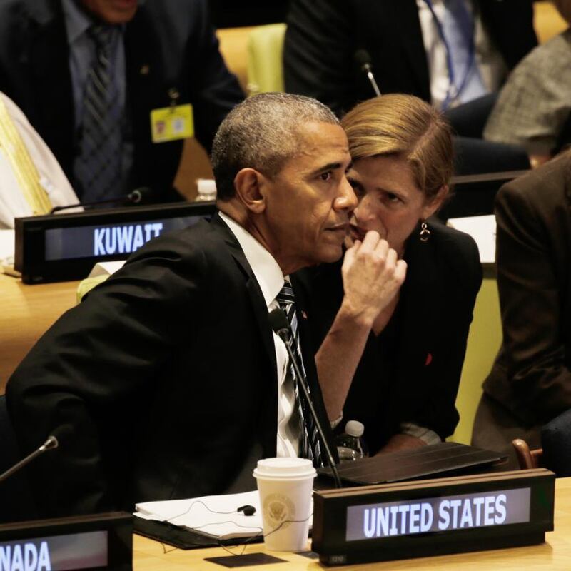 Samantha Power with Barack Obama at the United Nations in 2016. Photograph: Peter Foley/Pool/Getty