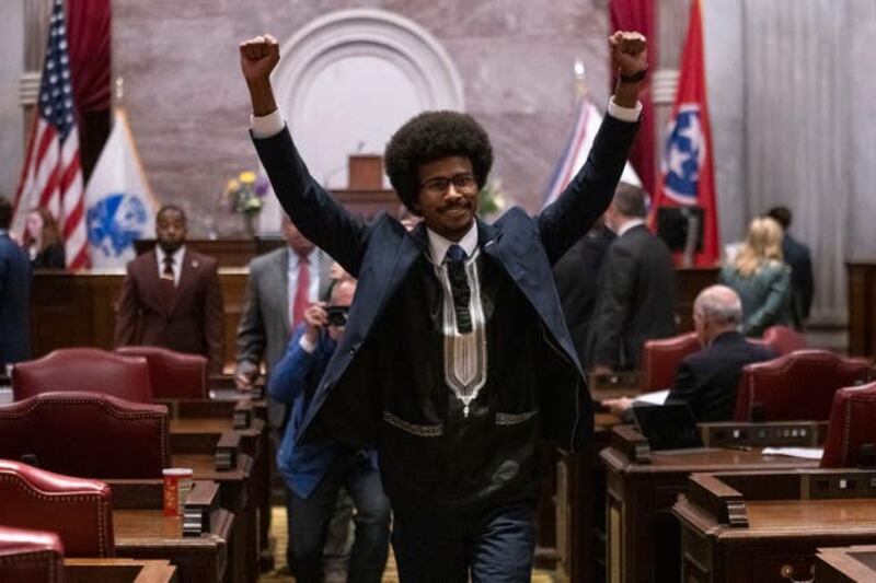 Justin Pearson gestures following his expulsion. Photograph: AP