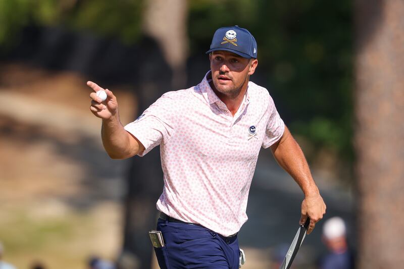 Bryson DeChambeau reacts after making a birdie on the fifth hole during the third round. Photograph: Gregory Shamus/Getty Images