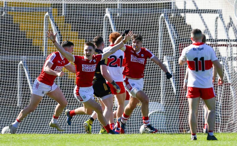 Cork players celebrate a goal scored in injury time. Photograph: Ken Sutton/Inpho