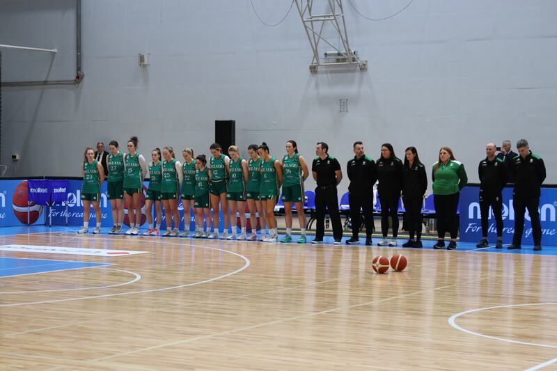 The Irish squad prepare for the national anthems ahead of their qualifier against Israel. Photograph: Fiba