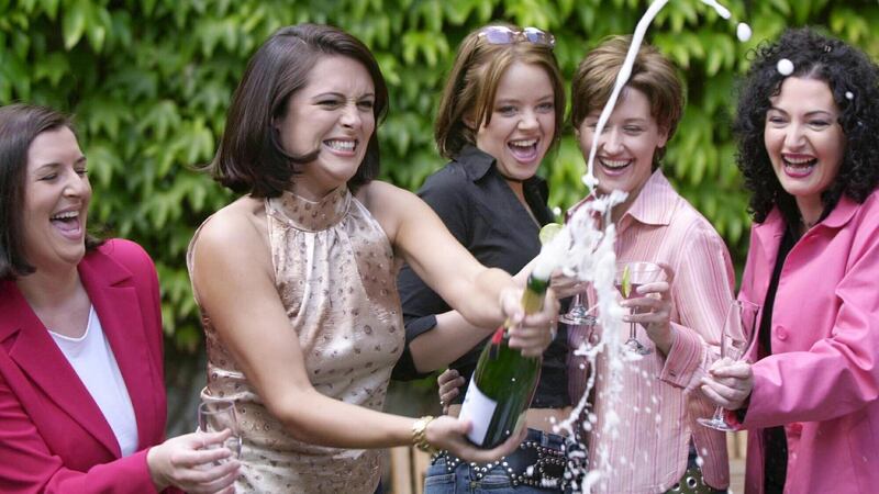 Celebrating TV3’s third birthday in 2001: Colette Fitzpatrick (left), Gráinne Seoige, ‘Coronation Street’ actors Georgia Taylor and Angela Lonsdale, and Maura Derrane. Photograph: Joe St Leger