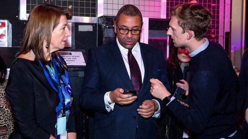 James Cleverly(C) attending the ‘Johnson v Corbyn: The ITV Debate’, in the Spin Room at the ITV Studios in Manchester on Tuesday. Photograph: Jonathan Hordle/EPA