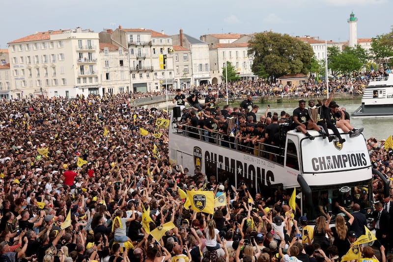 La Rochelle's home victory parade attended by thousands of fans following the  2023 victory over Leinster. Photograph: Romain Perrocheau/AFP/ via Getty Images