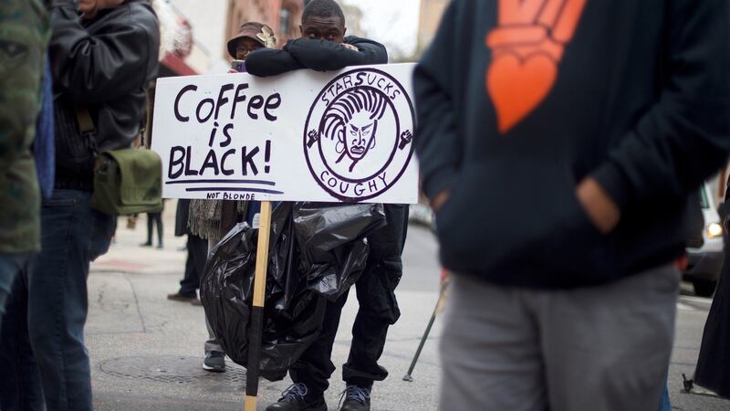 Protestors  outside a Starbucks in Philadelphia, Pennsylvania last April, following an incident in which two black men were arrested, and which prompted an apology from the company’s CEO. Photograph: Mark Makela/Getty Images