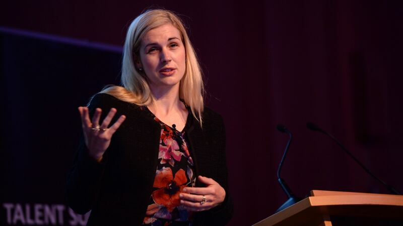 Sinead Kane, Ireland’s first registered blind solicitor and first visually impaired person to complete the World Marathon Challenge, at  a Careers Day with Ahead, which was arranged for people with disability.  Photograph: Dara Mac Dónaill / The Irish Times