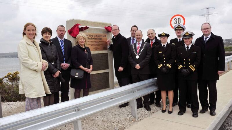 Minister for  the Marine Simon Coveney with other dignitaries officially reopening the newly remediated Haulbowline Island bridges at Cork Harbour. Photograph: Billy macGill