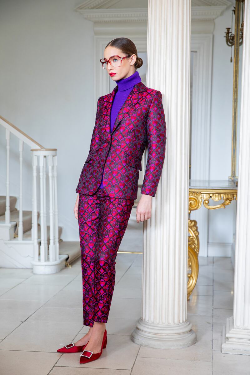 Lydia blazer €1495, Kim trousers (made to order) and purple Alena sweater €695