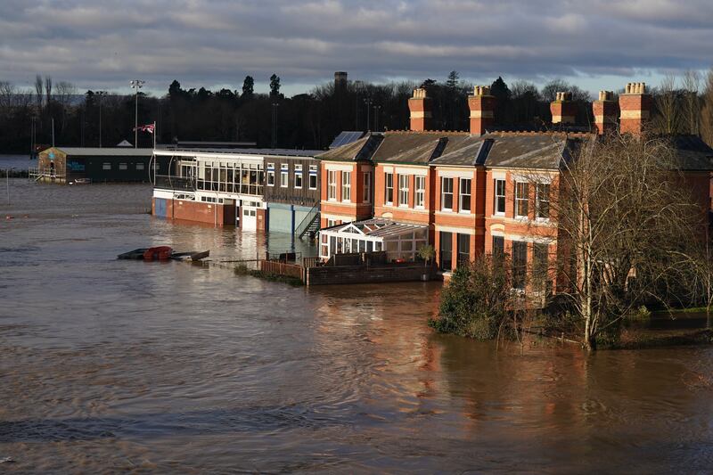 Flooded buildings next to the River Wye in Hereford, England after Storm Darragh hit the UK and Ireland. Photograph: Jacob King/PA Wire 