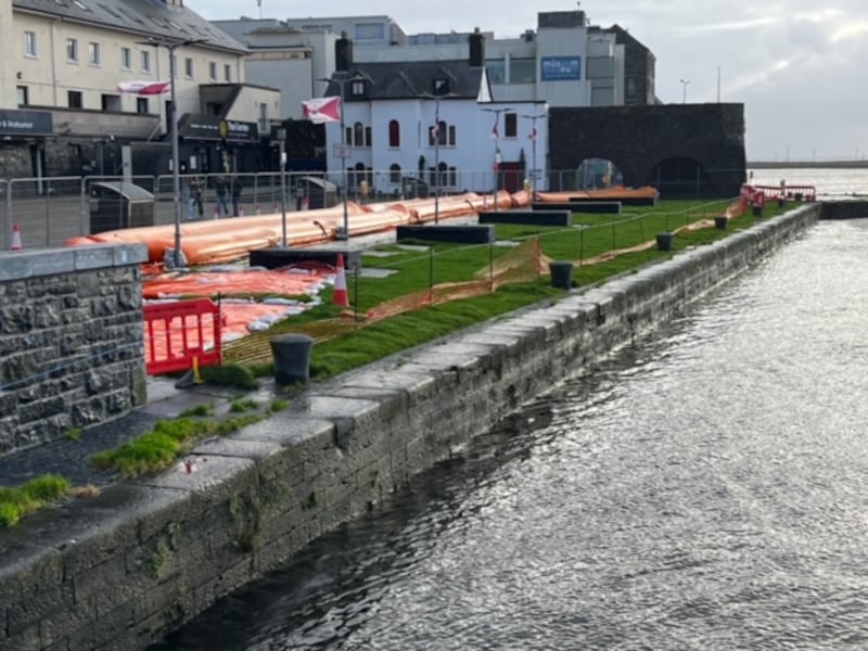 Flood protection boom at the Spanish Arch in Galway. Photograph: Media West (Ireland)