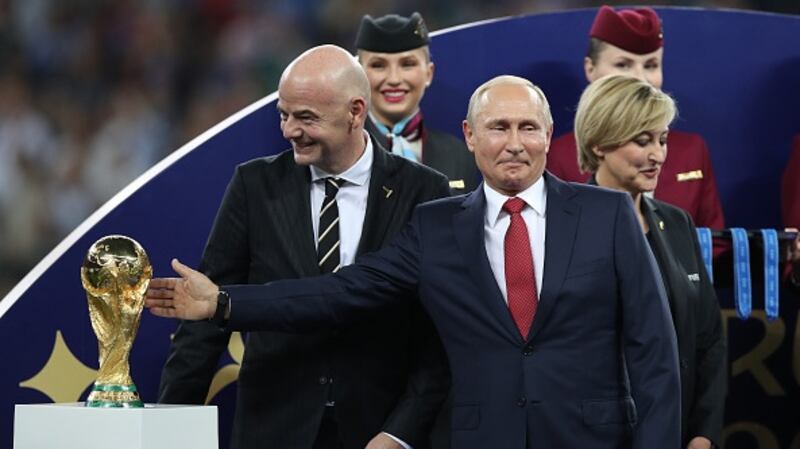 Gianni Infantino and Vladimir Putin ahead of the 2018 Fifa World Cup final in Russia. Photograph: Ian MacNicol/Getty Images