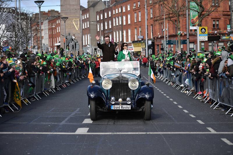 Comedians Jason Byrne and Deirdre O'Kane lead the annual Saint Patrick's Day parade as the official marshalls on March 17, 2019 in Dublin, Ireland