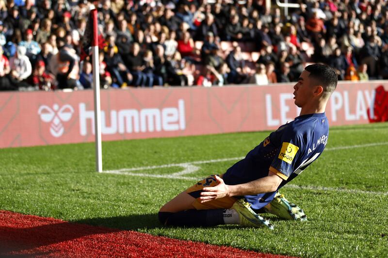 Newcastle United's Miguel Almiron celebrates scoring their side's first goal of the game against Southampton. Photograph: Steven Paston/PA