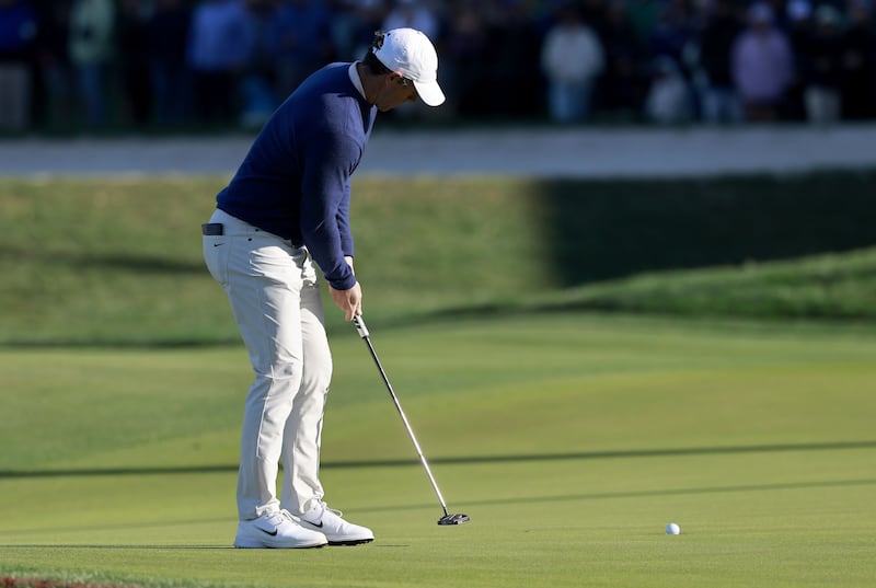 Rory McIlroy of Northern Ireland plays a birdie putt on the 16th hole for the playoff between Rory McIlroy of Northern Ireland and J.J. Spaun of the US for The Players Championship golf tournament at TPC Sawgrass in Ponte Vedra Beach, Florida, USA, 17 March 2025.