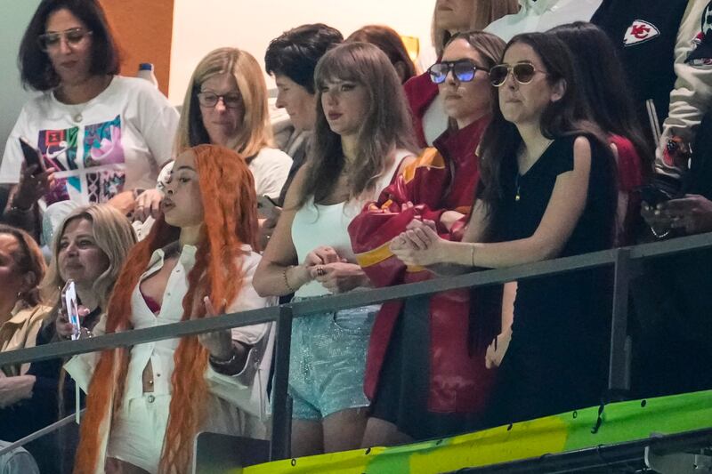 Ice Spice, Taylor Swift, Este Haim and Alana Haim watch during the first half of the Super Bowl. Photograph: AP