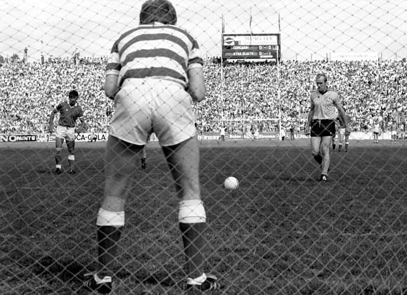 Dublin’s Brian Mullins prepares to take a penalty against Cork at Páirc Uí Chaoimh in 1983. Photograph: Billy Stickland/Inpho