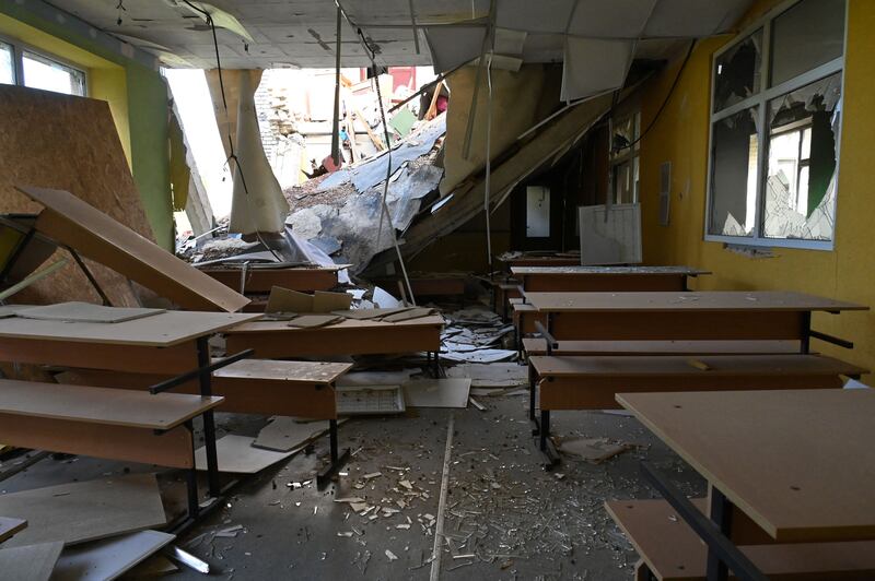 Interior of a destroyed school in Vilkhivka village, near Kharkiv amid Russian invasion of Ukraine. 