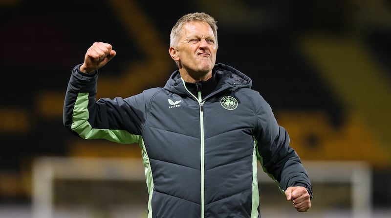 Ireland manager Heimir Hallgrímsson celebrates after the game against Bulgaria. Photograph: Ryan Byrne/Inpho