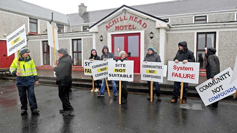 Protest at the Achill Head Hotel as locals claim it is not a suitable place to house asylum seekers. Photograph: Conor McKeown