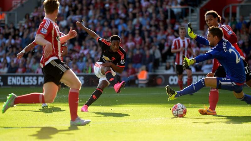 Teenager Anthony Martial equalises for Manchester United against Southampton at St Mary’s Stadium. Photograph: Ian Kington/APP photo