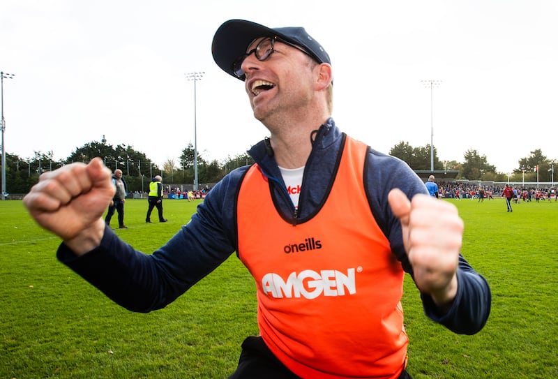 Cuala manager Austin O'Malley celebrates winning. Photograph: ©INPHO/Tom Maher