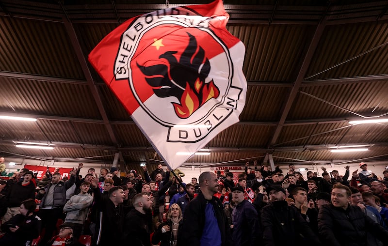 Shelbourne fans before the game against Derry City in the Brandywell Stadium, Derry, on Friday. Photograph: Dan Sheridan/Inpho