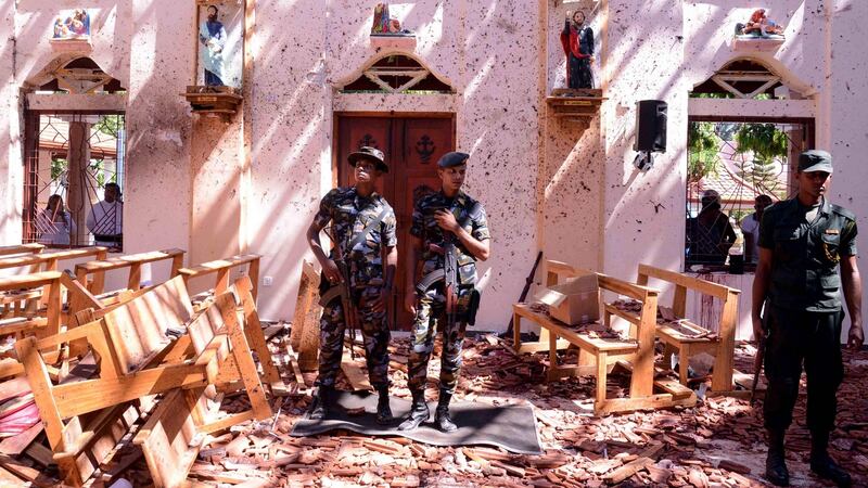 St Sebastian’s Church at Katuwapitiya in Negombo: scene of one  of eight devastating bomb blasts. Photograph: STR/AFP/Getty Images