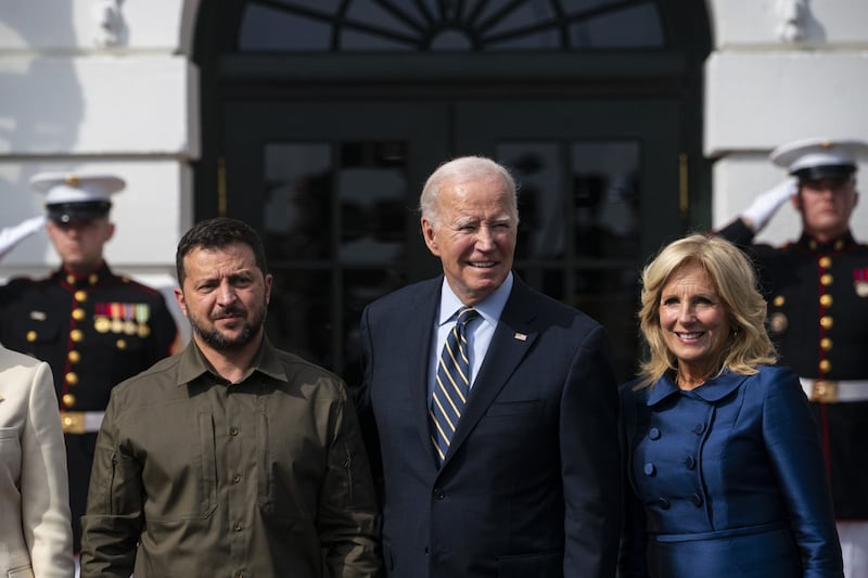 President Volodymyr Zelenskiy of Ukraine (from left) with US president Joe Biden and First Lady Jill Biden at the White House in Washington, DC on Thursday.  Photograph: Bloomberg