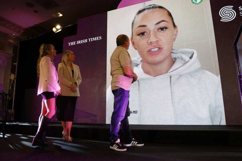 Katie McCabe, captain of Ireland, accepting her award by video link.  Photograph: Nick Bradshaw