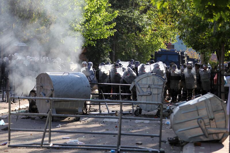 Nato KFOR soldiers guard a municipal building after clashes with Kosovo Serbs in the town of Zvecan, northern Kosovo. Photograph: Bojan Slavkovic/AP/PA