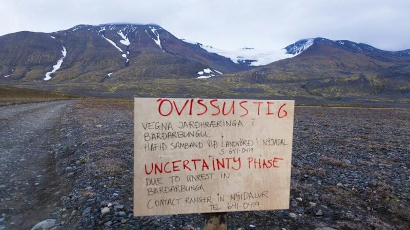 A sign showing a closed road leading to the Vattnajokull glacier at the site of the Bardarbunga volcano. Photograph: EPA