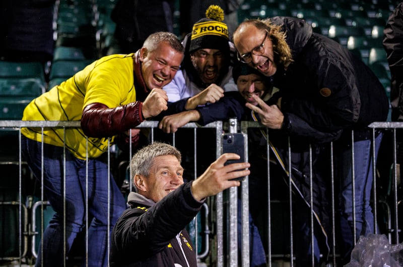 La Rochelle fans enjoy a shot with Ronan O'Gara tduring La Rochelle's match against Bath in December. Photograph: Bob Bradford/CameraSport via Getty Images