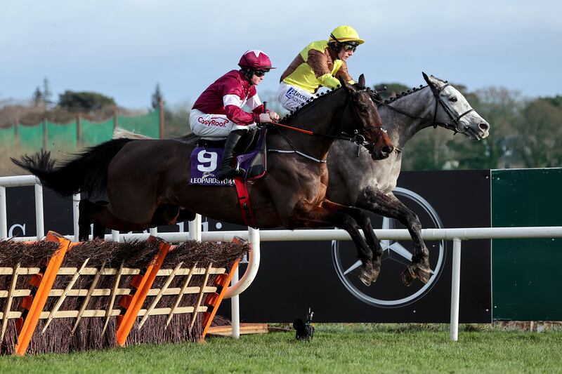 Sam Ewing onboard The Enabler alongside Paul Townend on Argento Boy during the Grant Fit Out Maiden Hurdle at Leopardstown. Photograph: Laszlo Geczo/Inpho