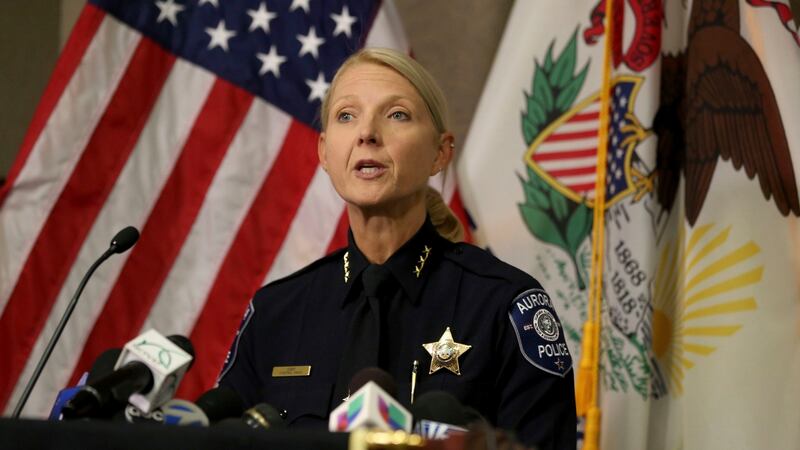 Aurora police chief Kristen Ziman speaks at a news conference Friday about the shootings at a manufacturing company in the city.  Photograph: Patrick Kunzer/Daily Herald/AP