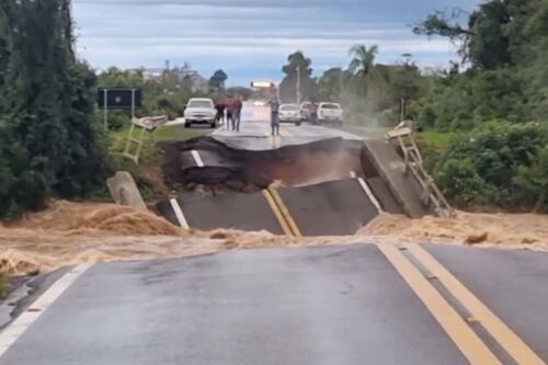 Moment bridge collapses due to flooding in Brazil