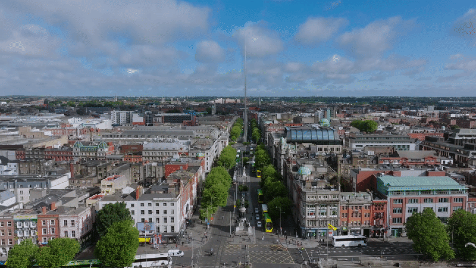 Drone footage of O'Connell Street, Dublin