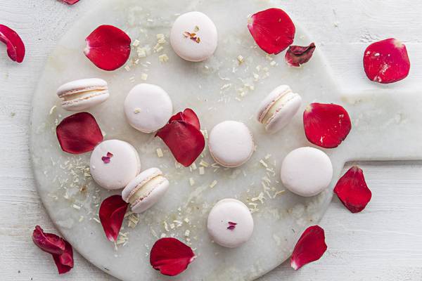 White chocolate and rose macarons