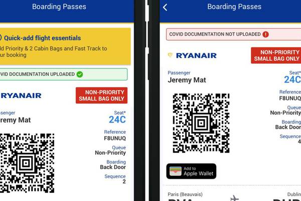 Ryanair launches ‘travel wallet’ for Covid vaccination certs