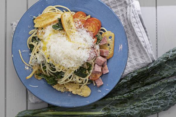 Spaghetti with cavolo nero, tomatoes, Coolea cheese and salami