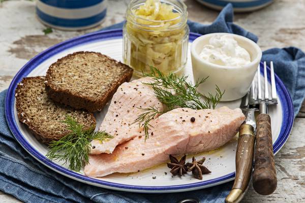 Butter poached salmon, sticky fennel jam